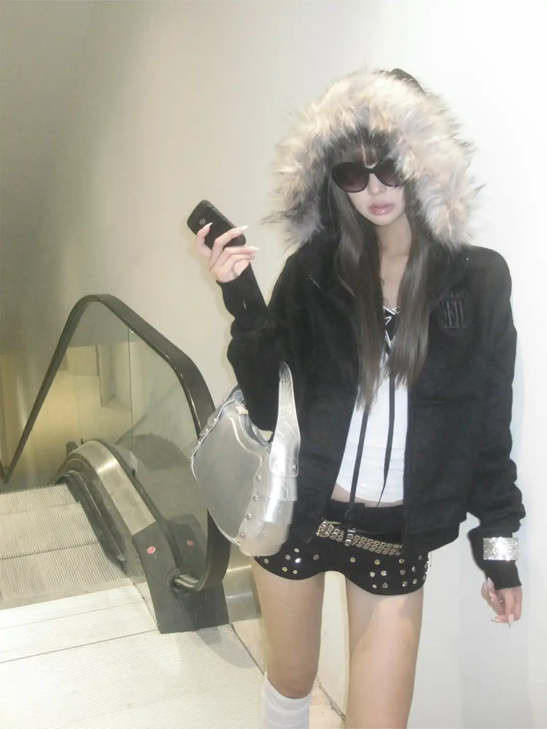 noEmosen | Hooded Gold Raccoon Fur Tassel Hem Sweatshirt