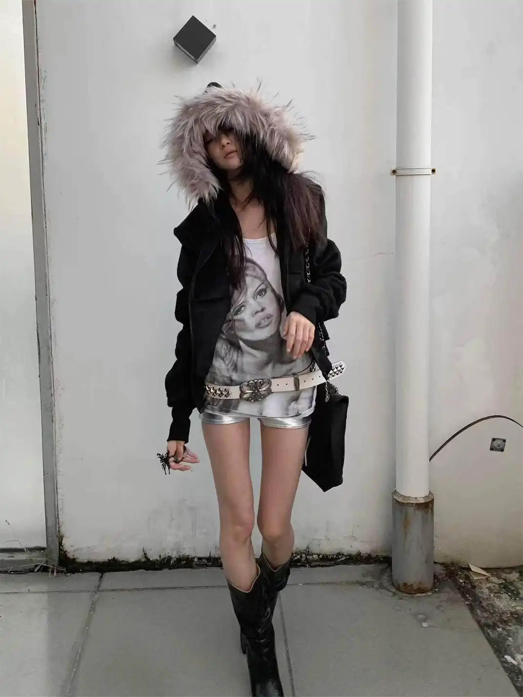 noEmosen | Hooded Gold Raccoon Fur Tassel Hem Sweatshirt