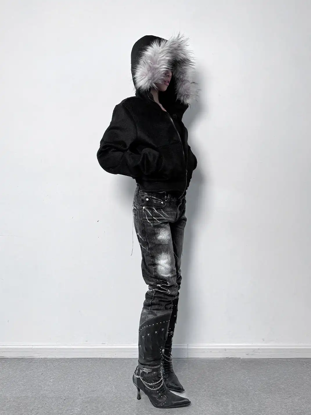 noEmosen | Hooded Gold Raccoon Fur Tassel Hem Sweatshirt