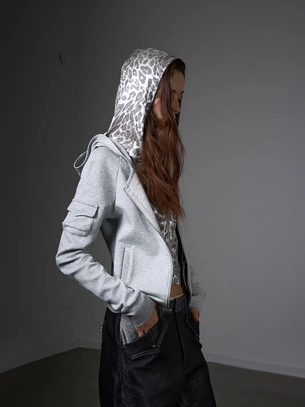 noEmosen | Faux Two-piece Silver Leopard Print Sweatshirt