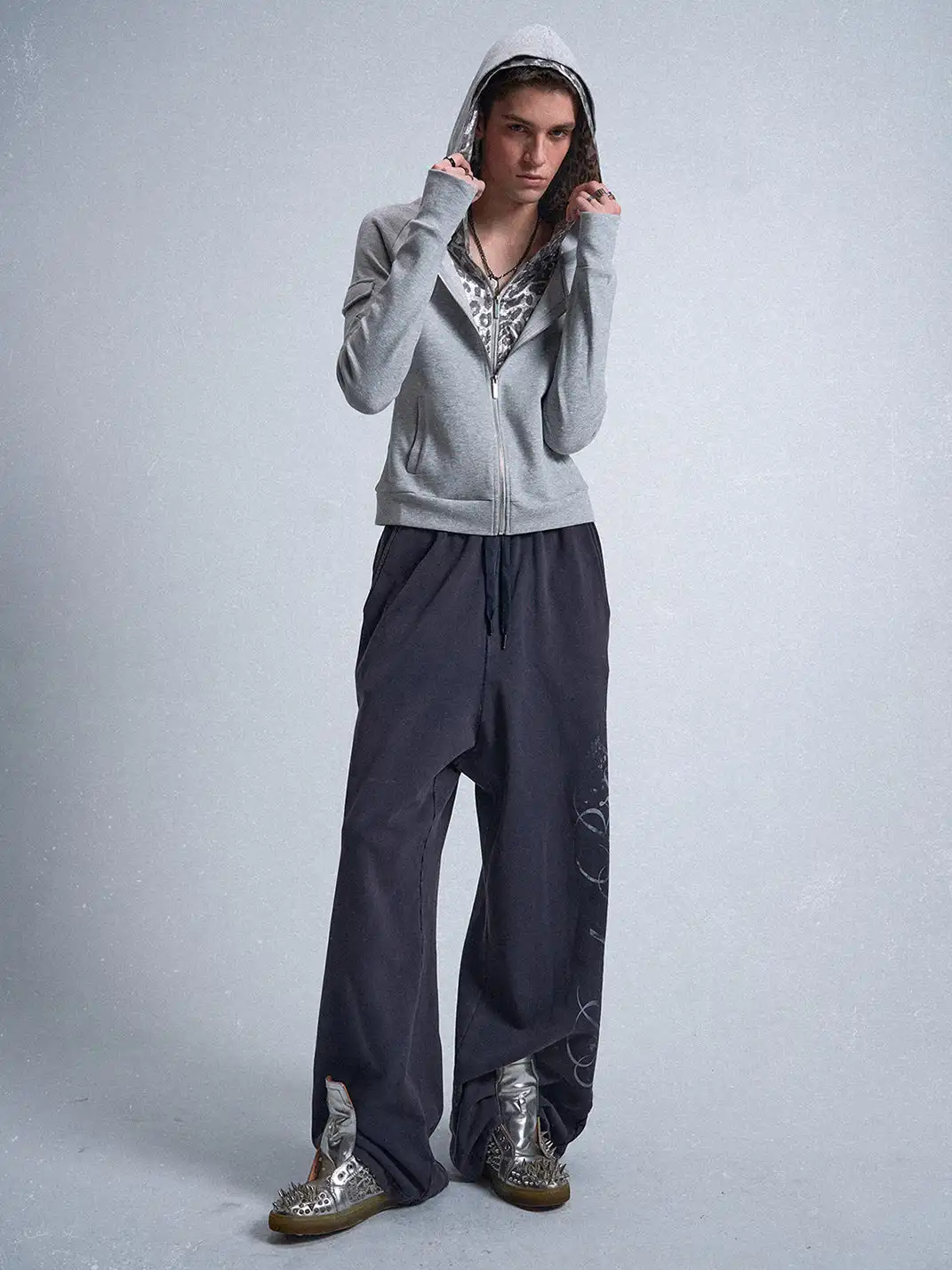 noEmosen | Faux Two-piece Silver Leopard Print Sweatshirt