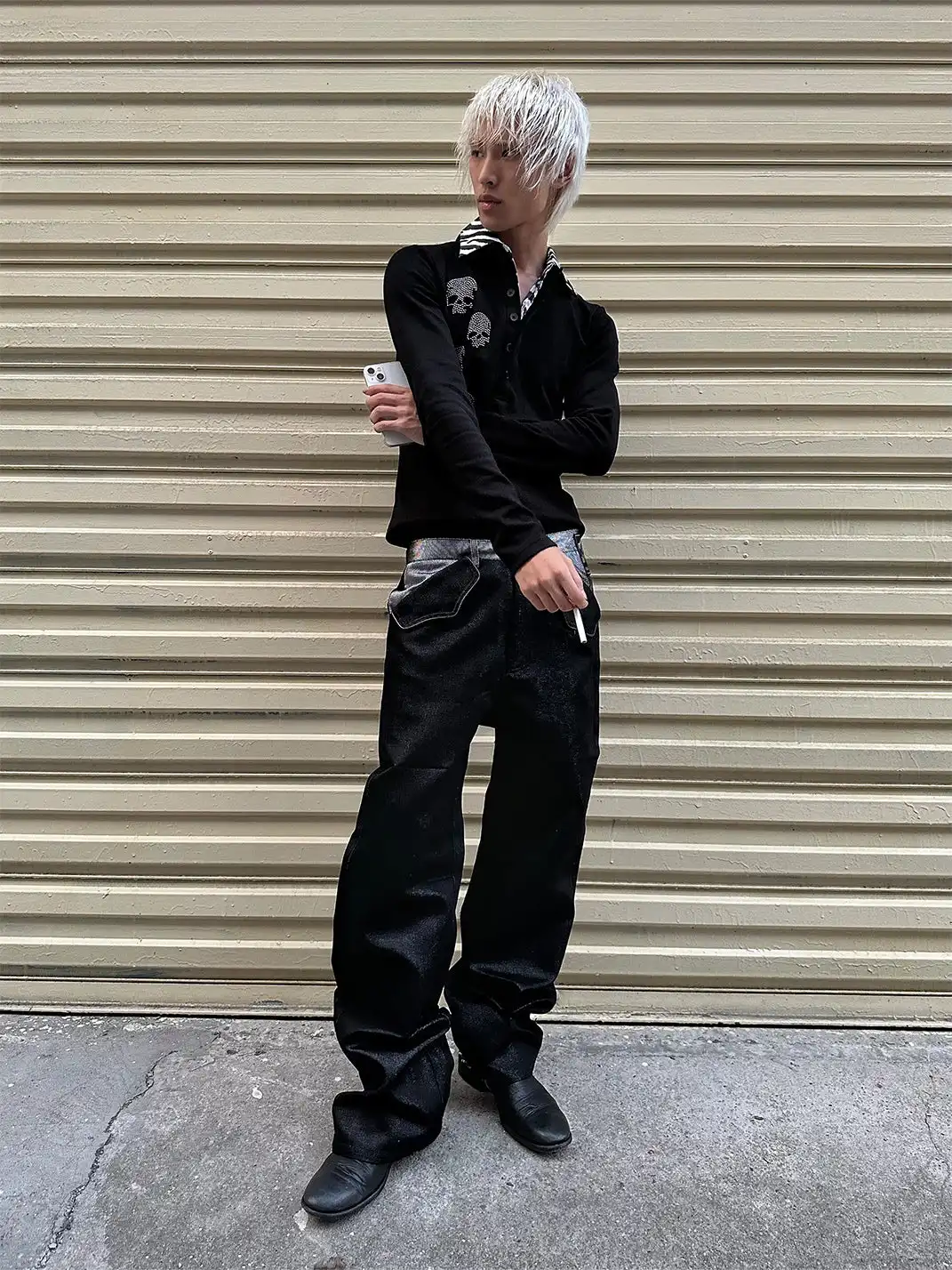 noEmosen | "RUDEBART Skull" Silver Thread Jeans