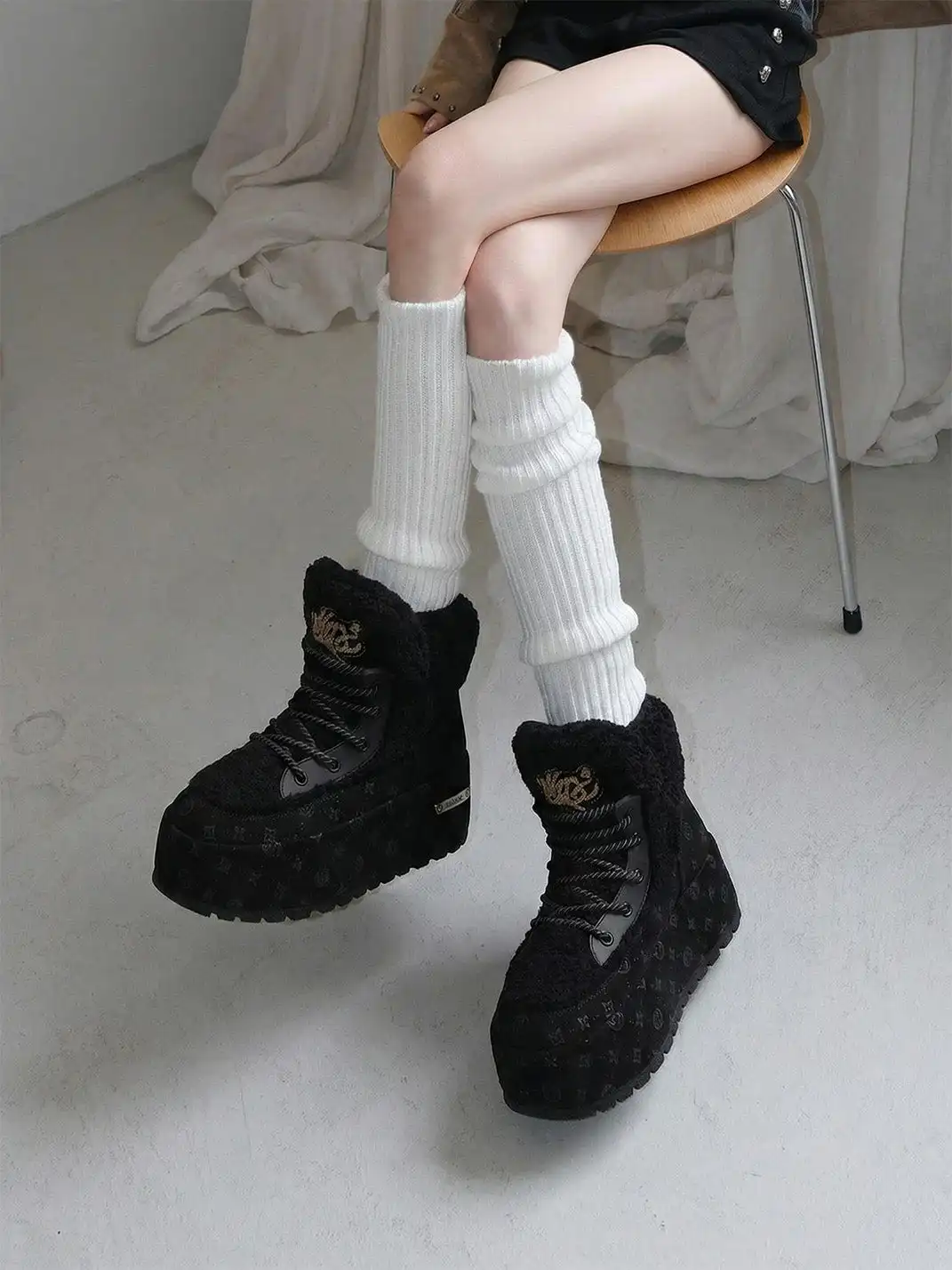 SALAXI | Monogram Design Faux Fur Platform Boots For Men