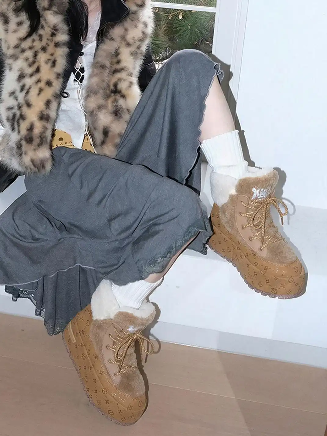 SALAXI | Monogram Design Faux Fur Platform Boots For Men