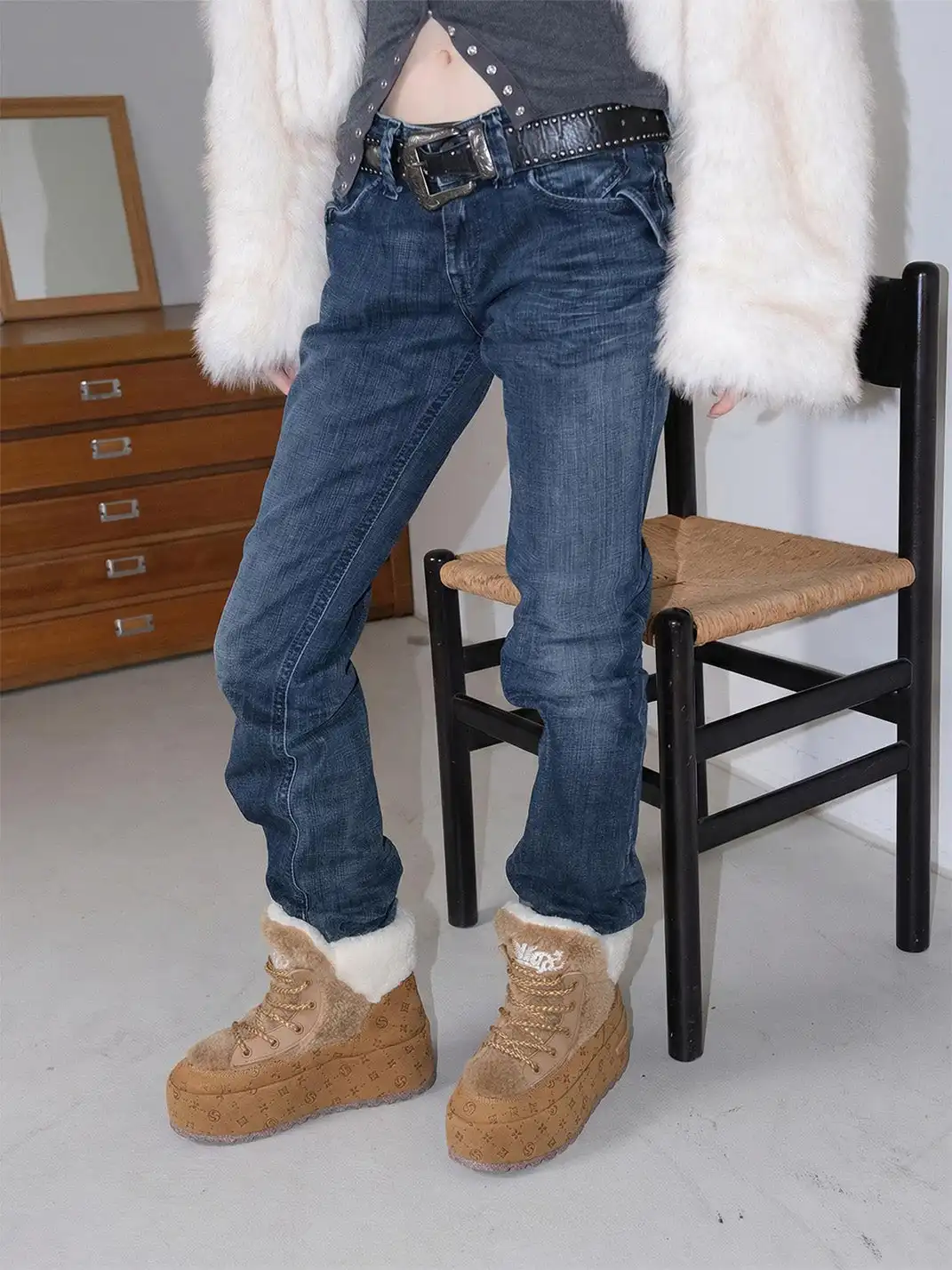 SALAXI | Monogram Design Faux Fur Platform Boots For Men