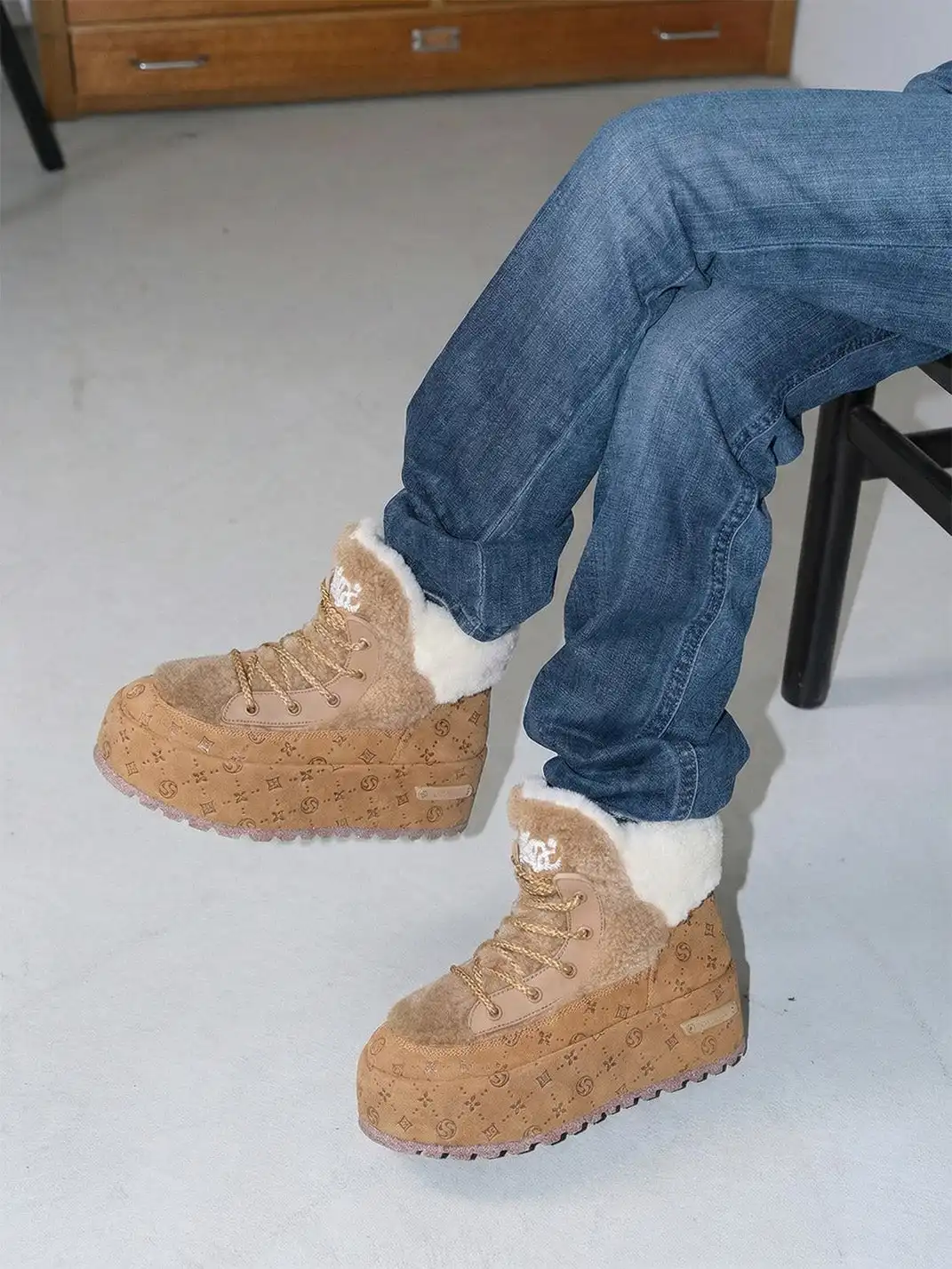 SALAXI | Monogram Design Faux Fur Platform Boots For Men