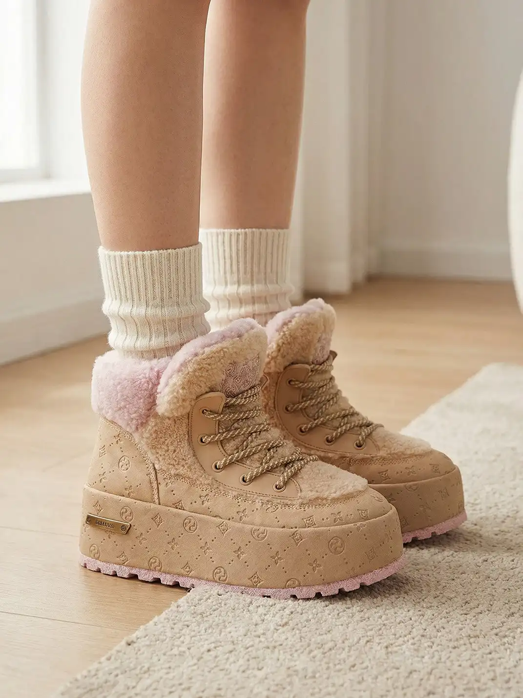SALAXI | Monogram Design Faux Fur Platform Boots For Women