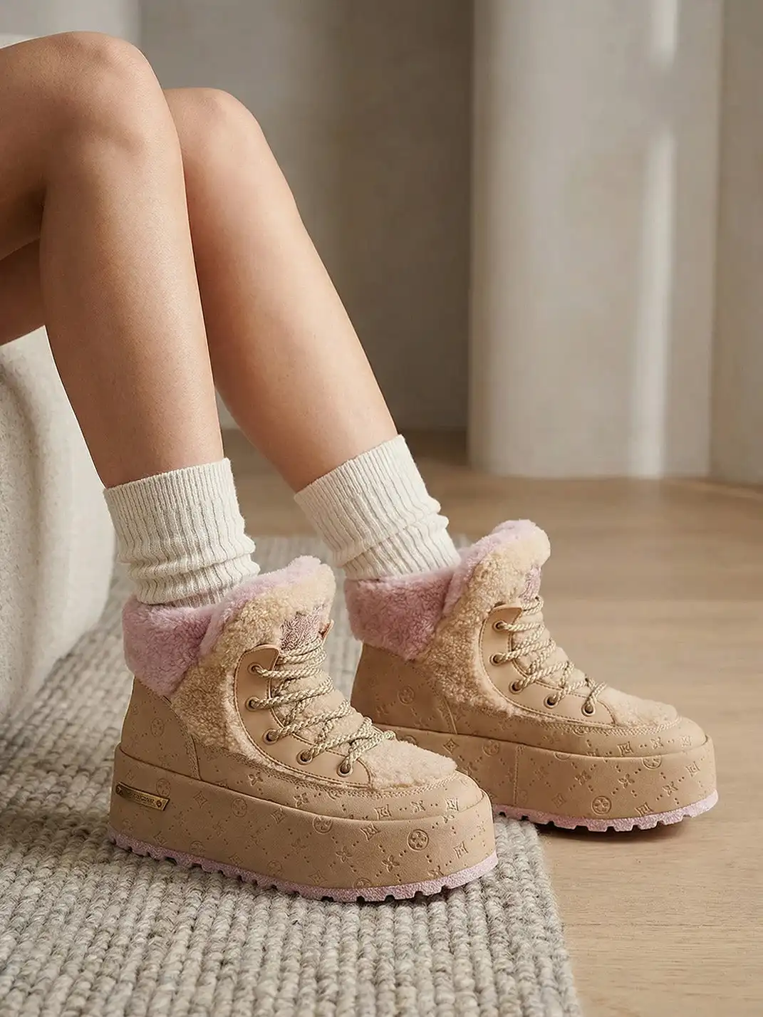 SALAXI | Monogram Design Faux Fur Platform Boots For Women
