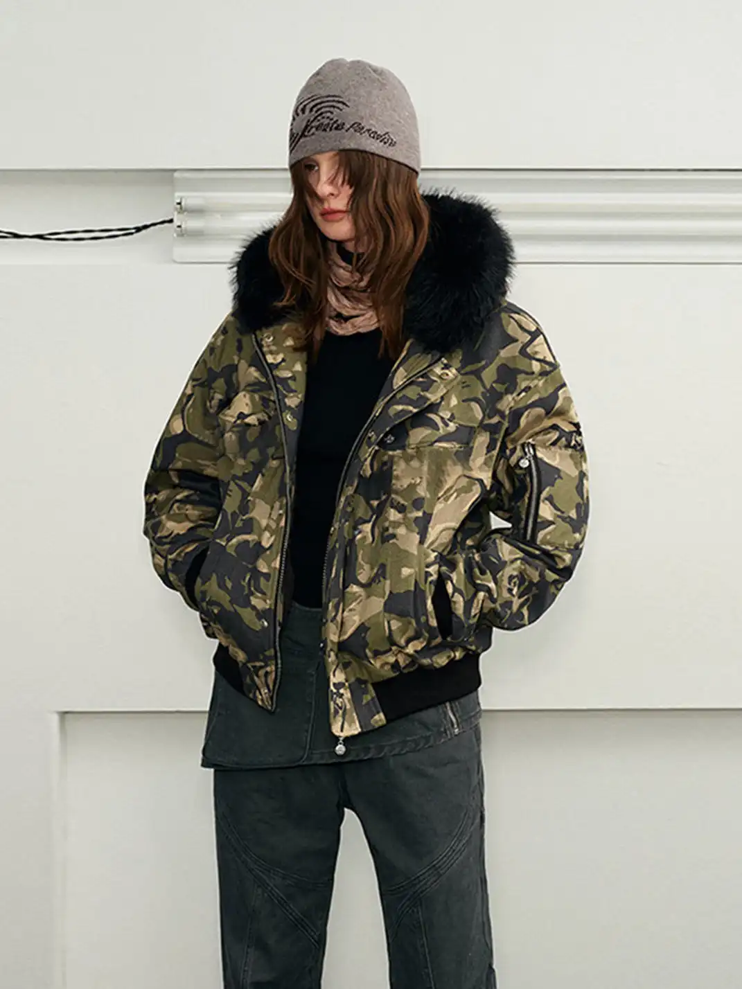 KREATE | Camouflage Long-haired Hooded Cotton Jacket