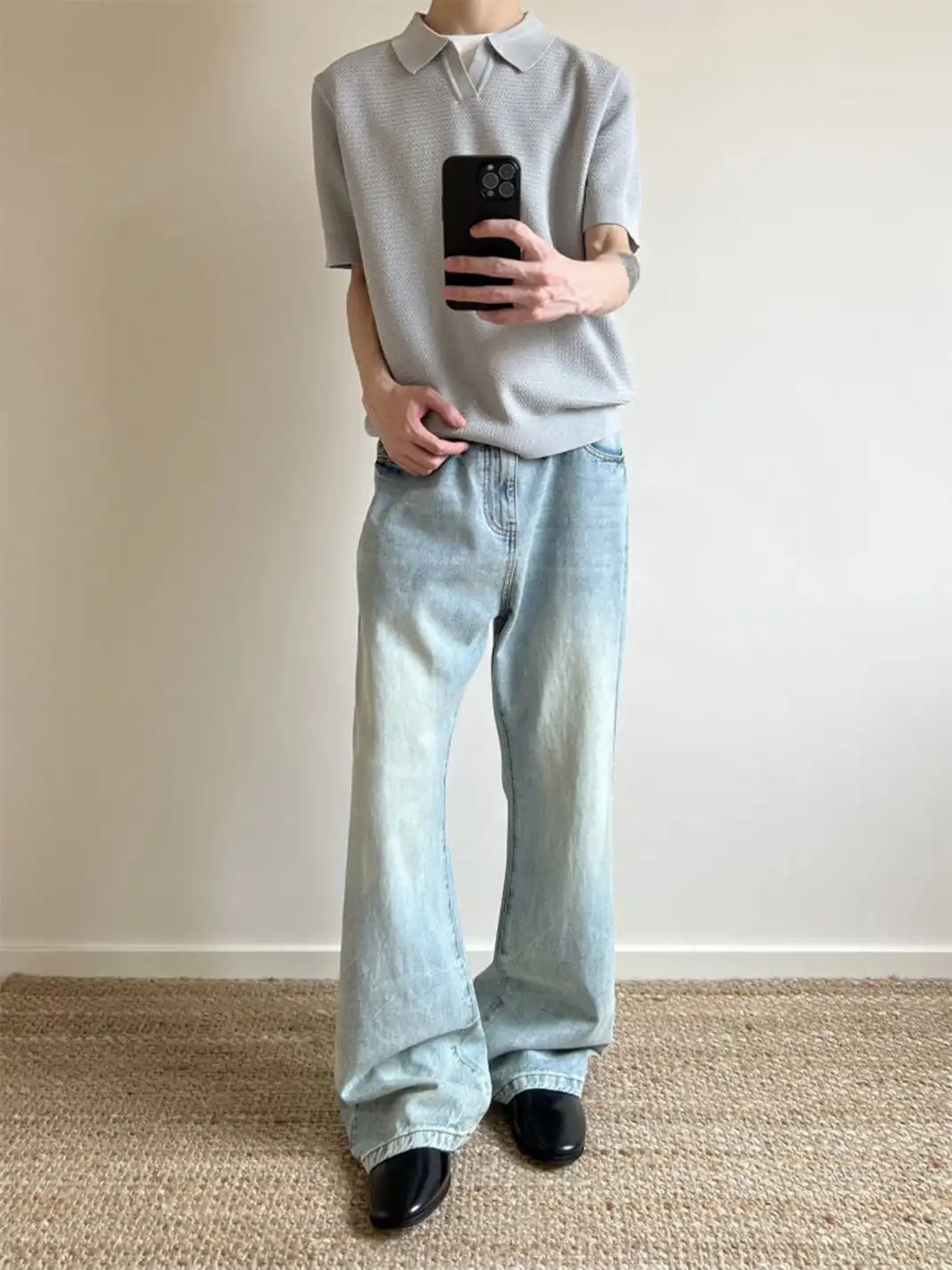 KREATE | Washed Lightning Stripe Raw Denim Flared Jeans