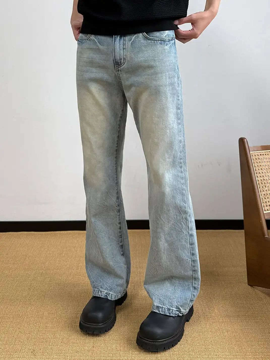 KREATE | Washed Lightning Stripe Raw Denim Flared Jeans