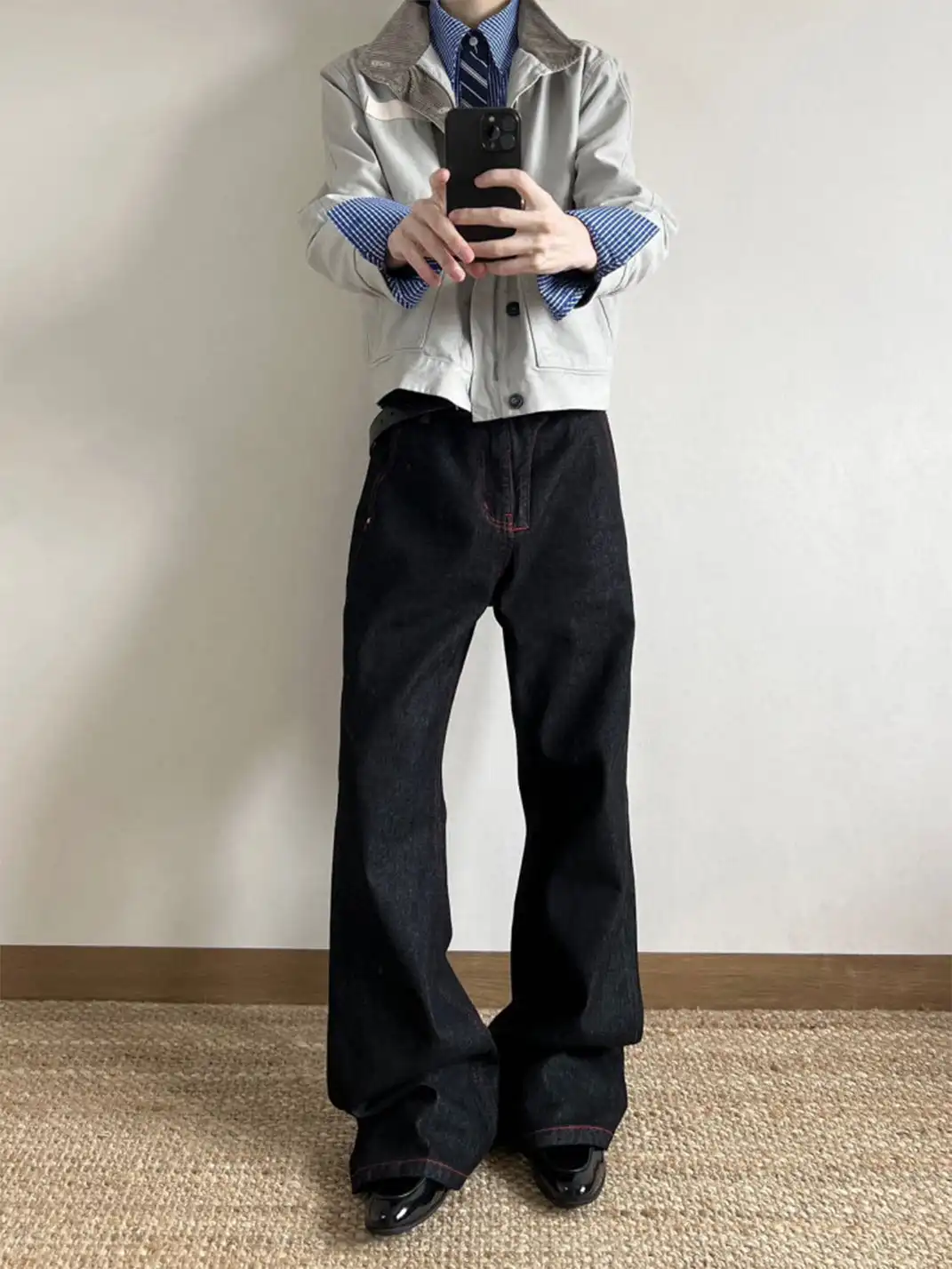 KREATE | Washed Lightning Stripe Raw Denim Flared Jeans