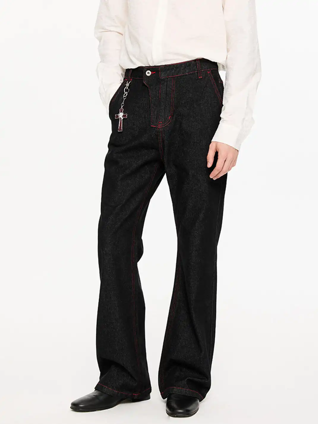 KREATE | Washed Lightning Stripe Raw Denim Flared Jeans