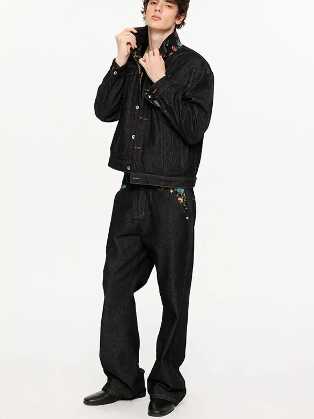 KREATE | Floral Jacquard Color-blocked Denim Jeans