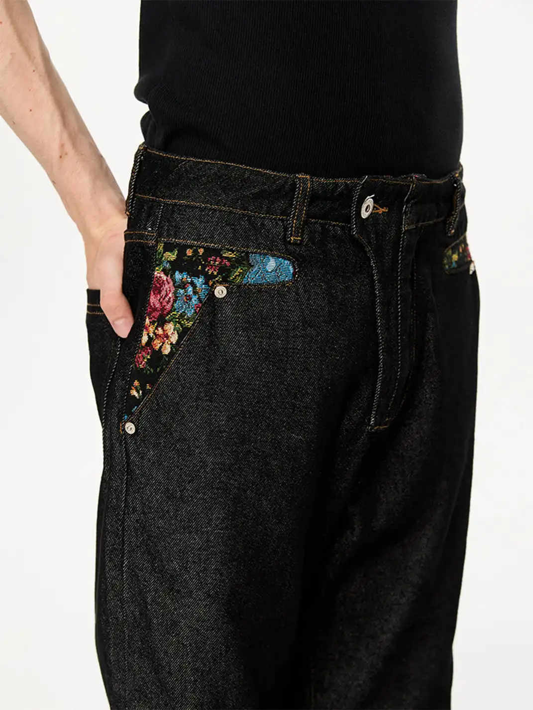 KREATE | Floral Jacquard Color-blocked Denim Jeans