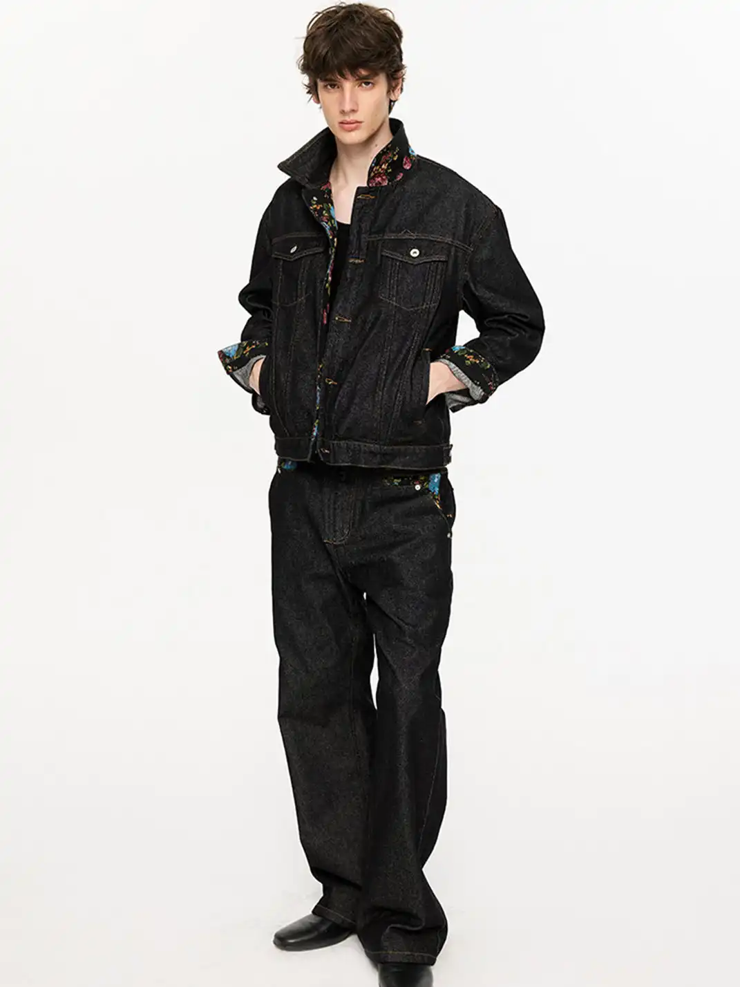 KREATE | Floral Jacquard Color-blocked Denim Jeans