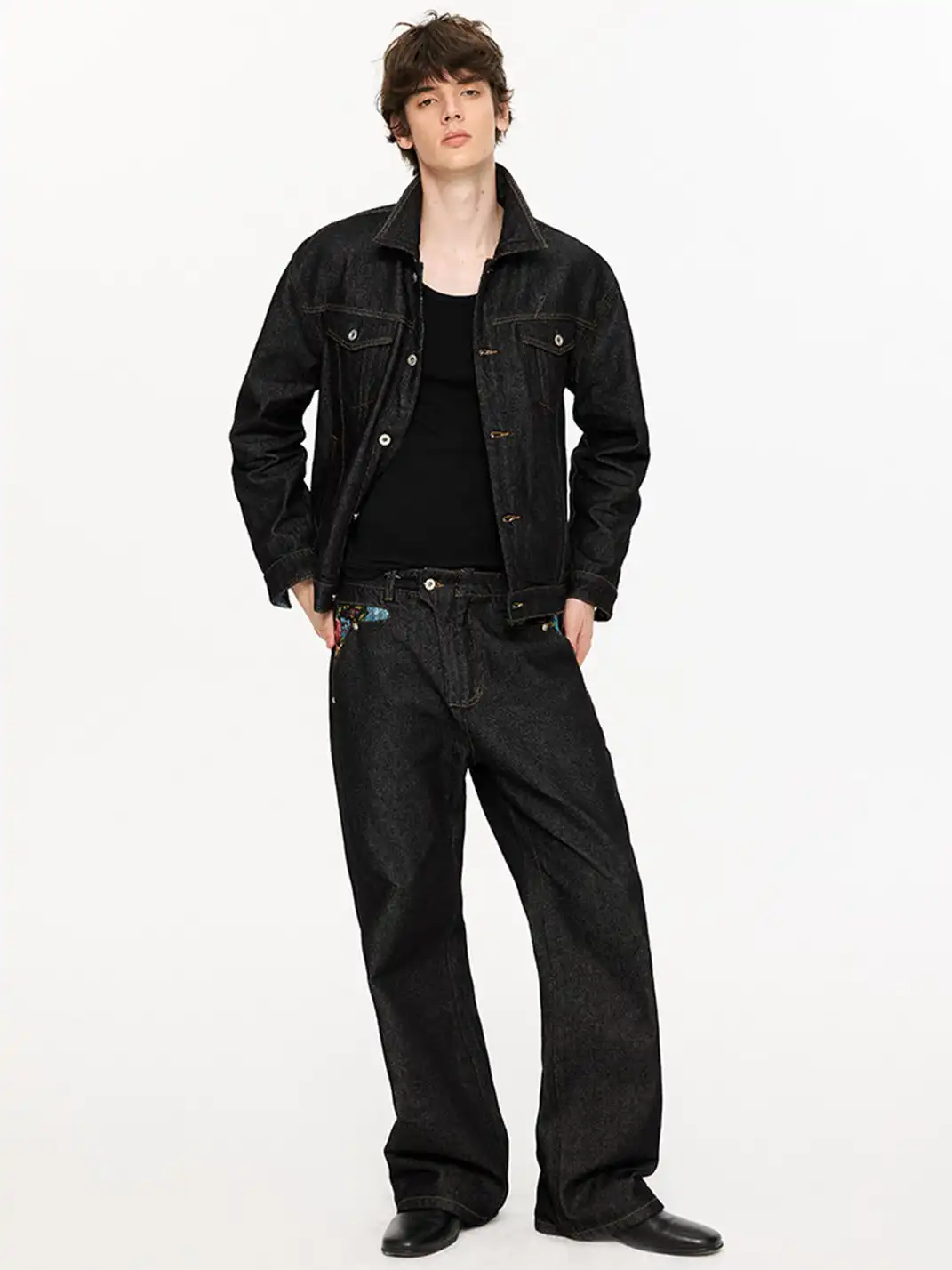 KREATE | Floral Jacquard Color-blocked Denim Jeans