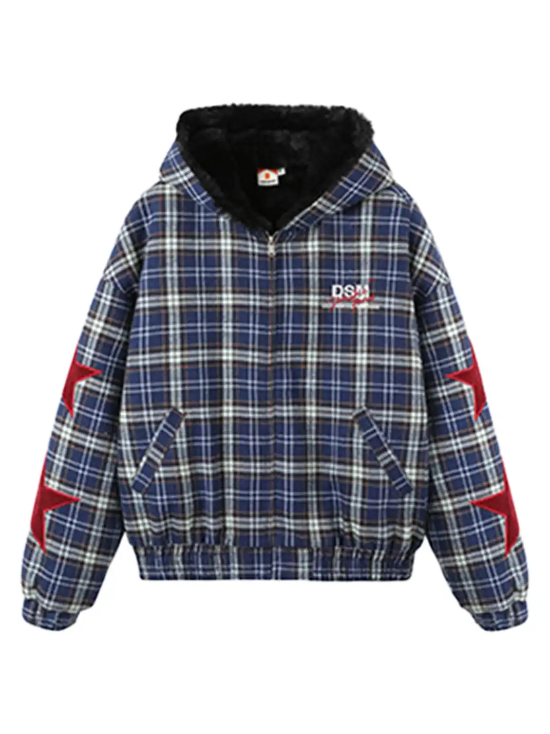 DONSMOKE | Checkered Star Appliqué Color-Blocked Coat
