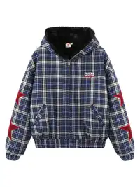 DONSMOKE | Checkered Star Appliqué Color-Blocked Coat