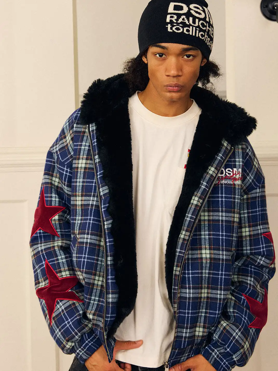 DONSMOKE | Checkered Star Appliqué Color-Blocked Coat