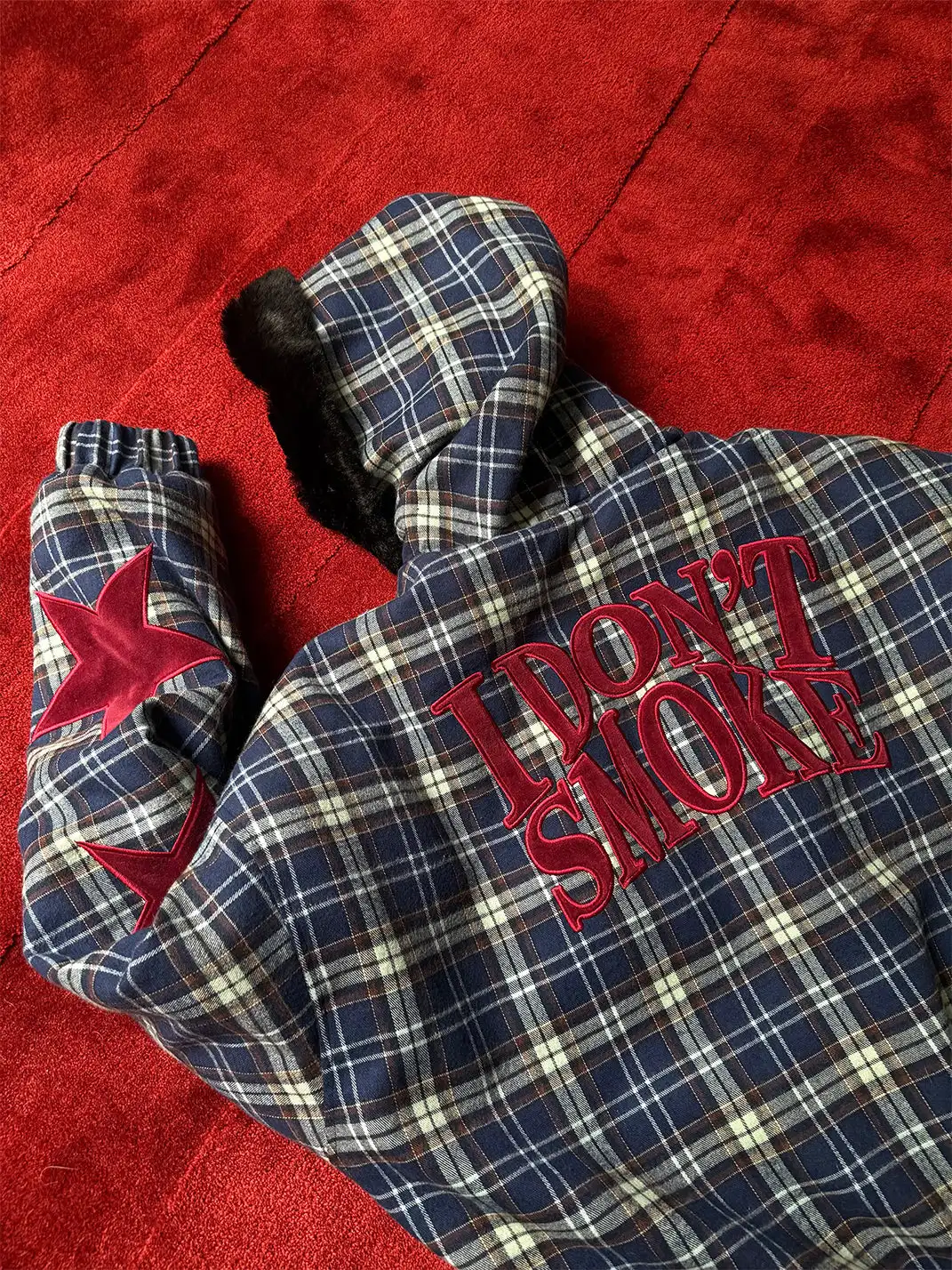 DONSMOKE | Checkered Star Appliqué Color-Blocked Coat