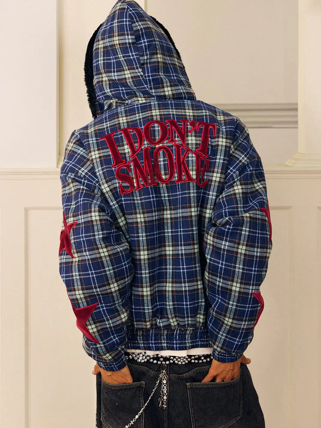 DONSMOKE | Checkered Star Appliqué Color-Blocked Coat