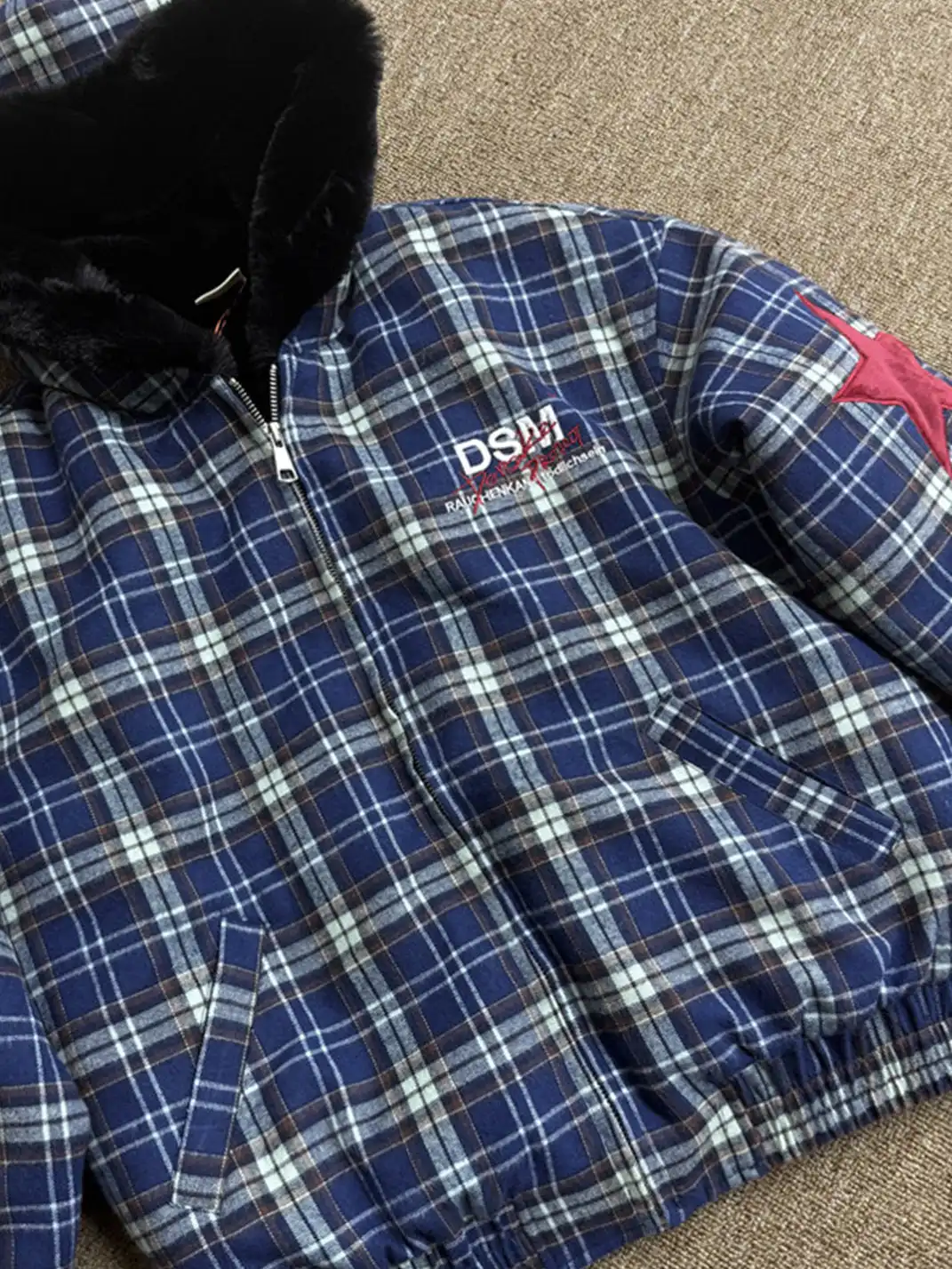 DONSMOKE | Checkered Star Appliqué Color-Blocked Coat