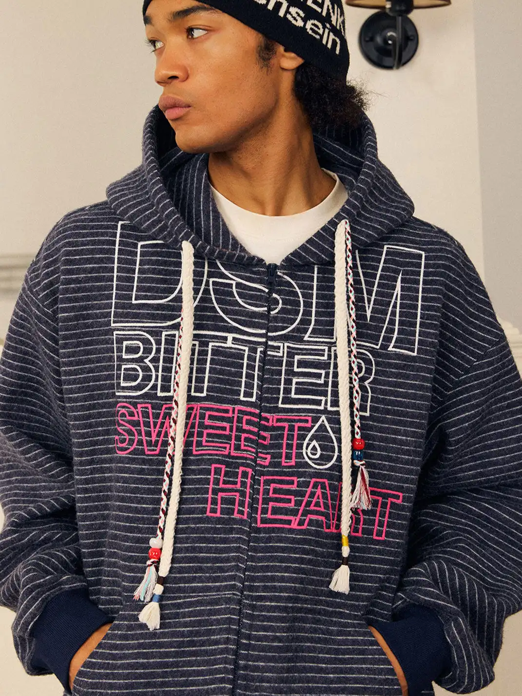DONSMOKE | Composite Striped Rabbit Fur Knit Sweatshirt