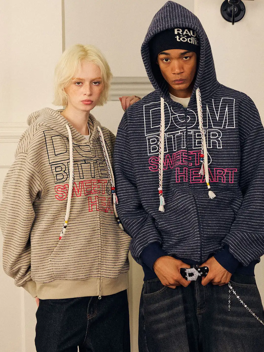 DONSMOKE | Composite Striped Rabbit Fur Knit Sweatshirt