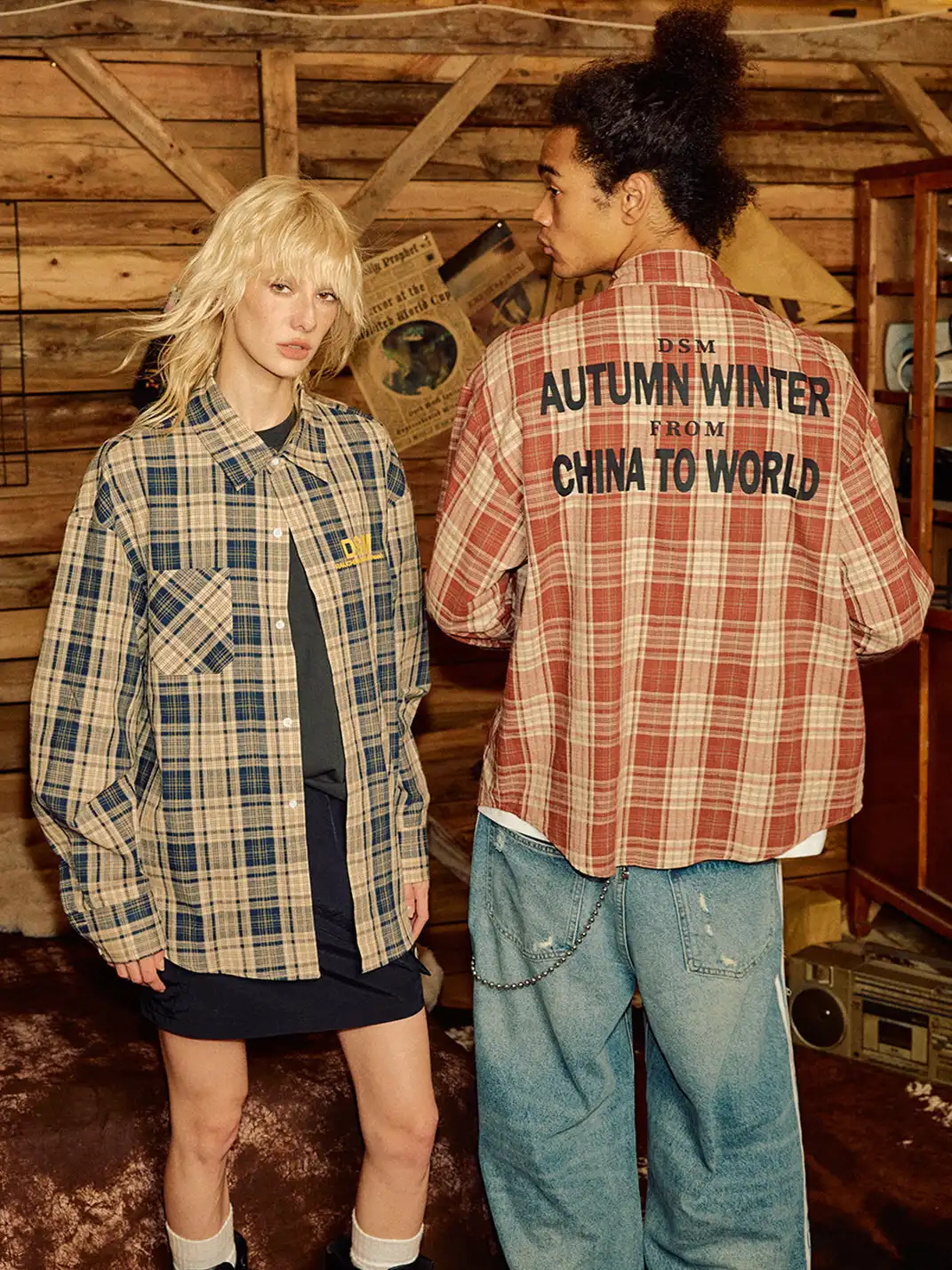DONSMOKE | Color-Blocked Plaid Shirt