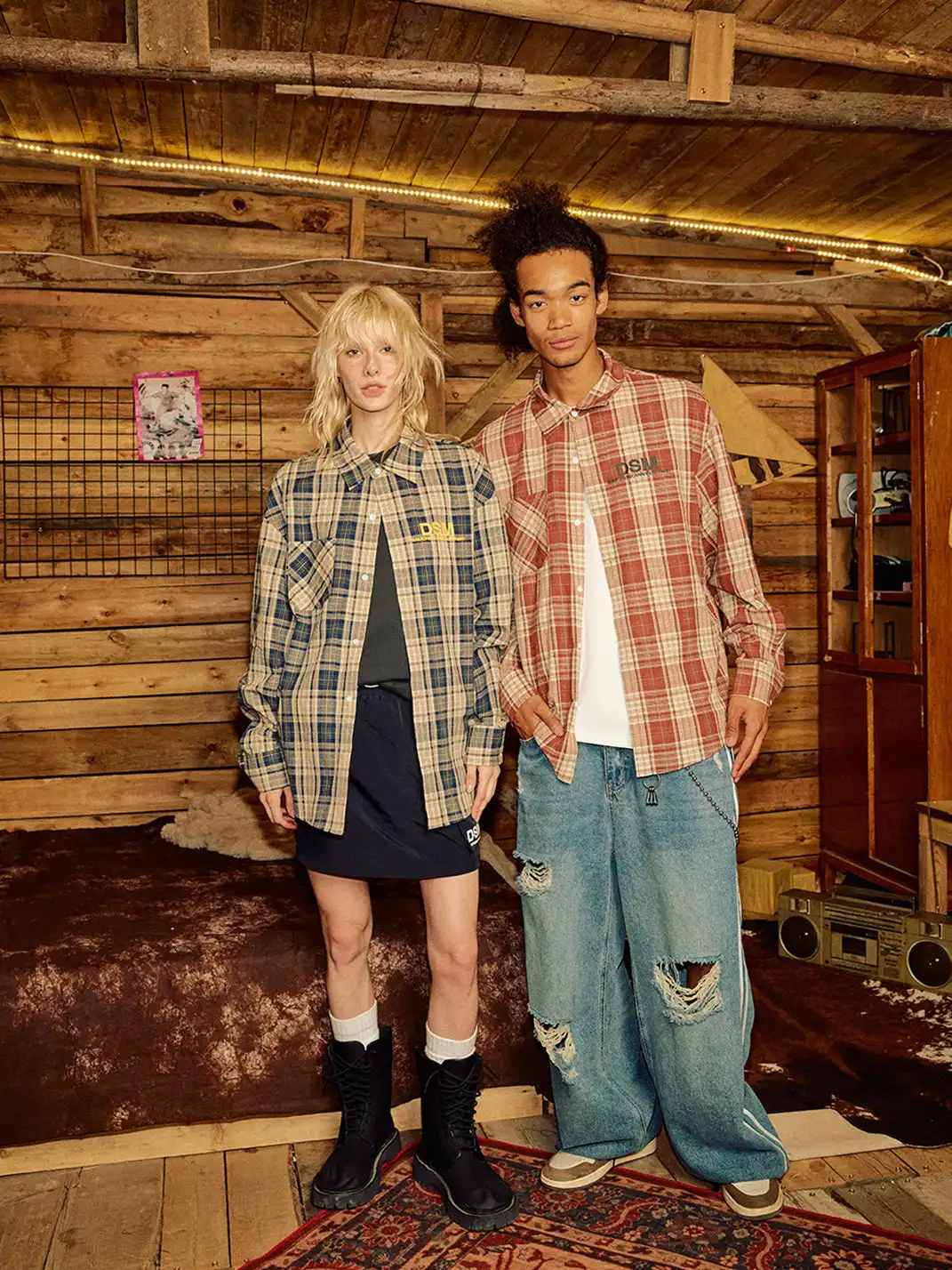 DONSMOKE | Color-Blocked Plaid Shirt
