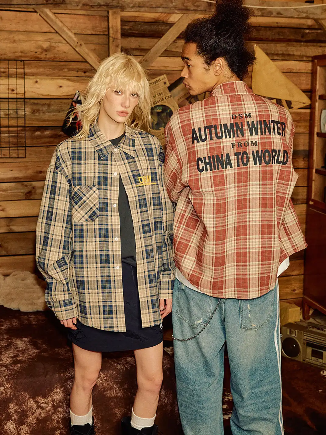 DONSMOKE | Color-Blocked Plaid Shirt