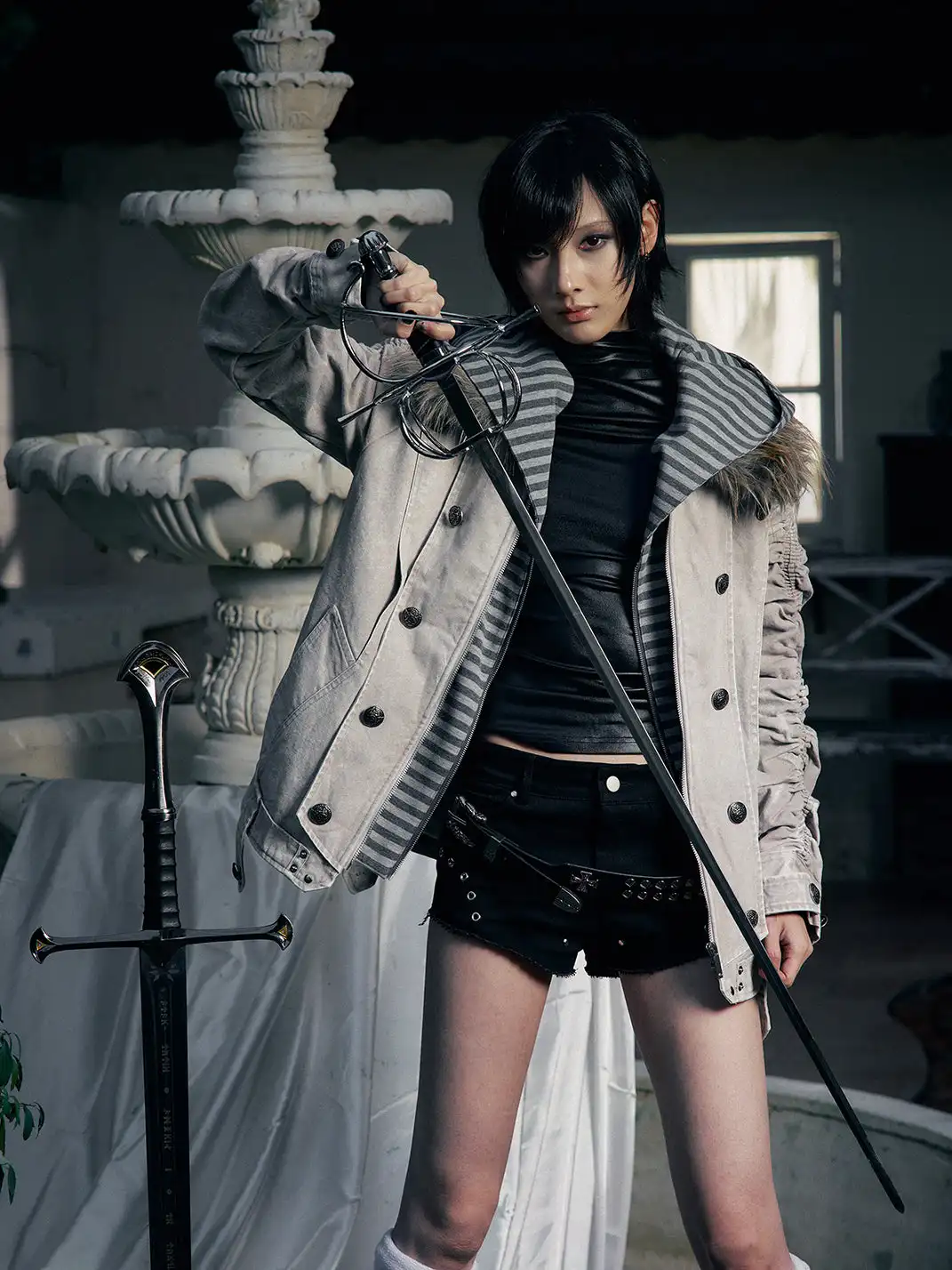 PAIKI | "Silent Shadow" Detachable Fur Collar Canvas Double-Breasted Jacket