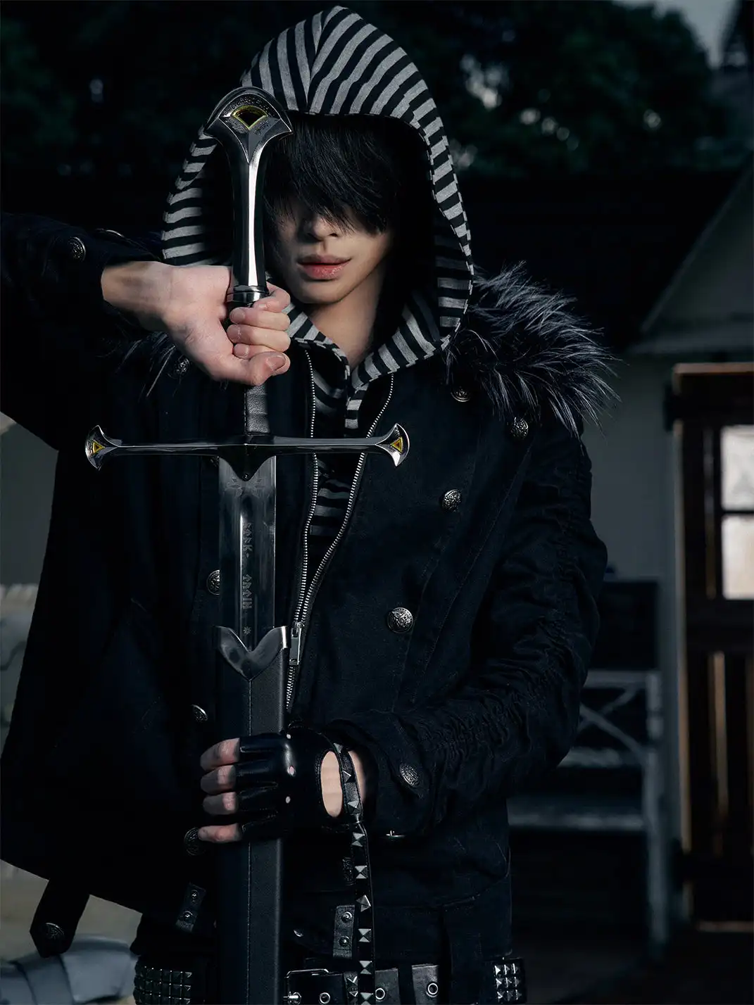PAIKI | "Silent Shadow" Detachable Fur Collar Canvas Double-Breasted Jacket