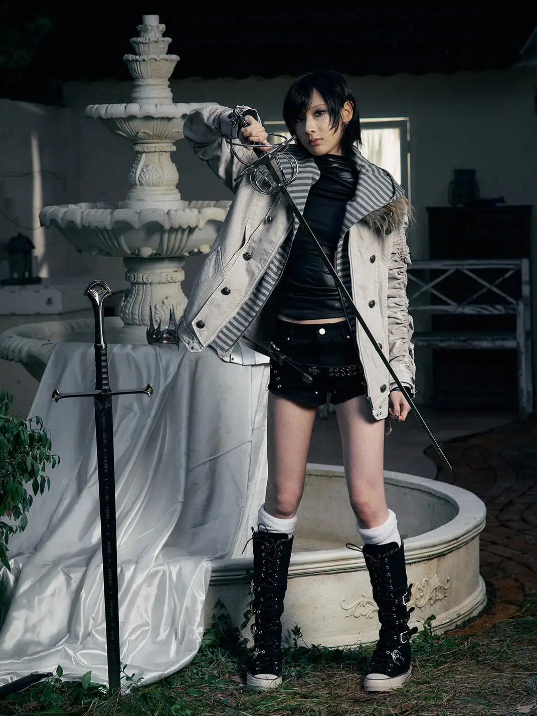 PAIKI | "Silent Shadow" Detachable Fur Collar Canvas Double-Breasted Jacket
