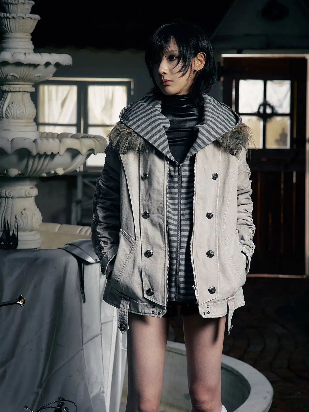 PAIKI | "Silent Shadow" Detachable Fur Collar Canvas Double-Breasted Jacket