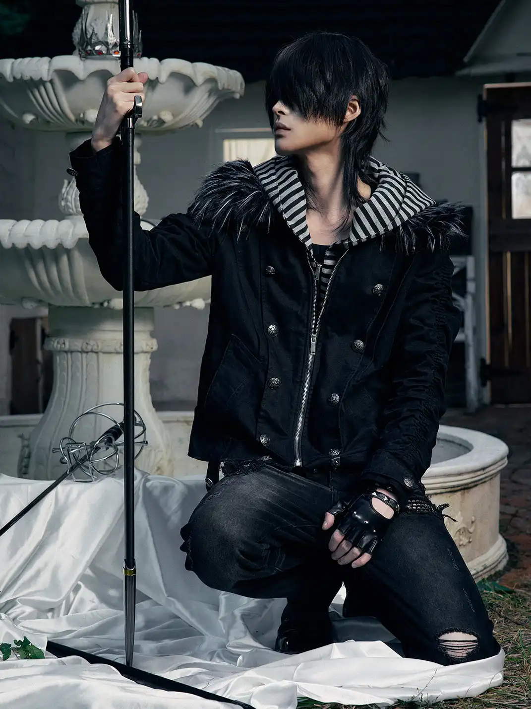 PAIKI | "Silent Shadow" Detachable Fur Collar Canvas Double-Breasted Jacket