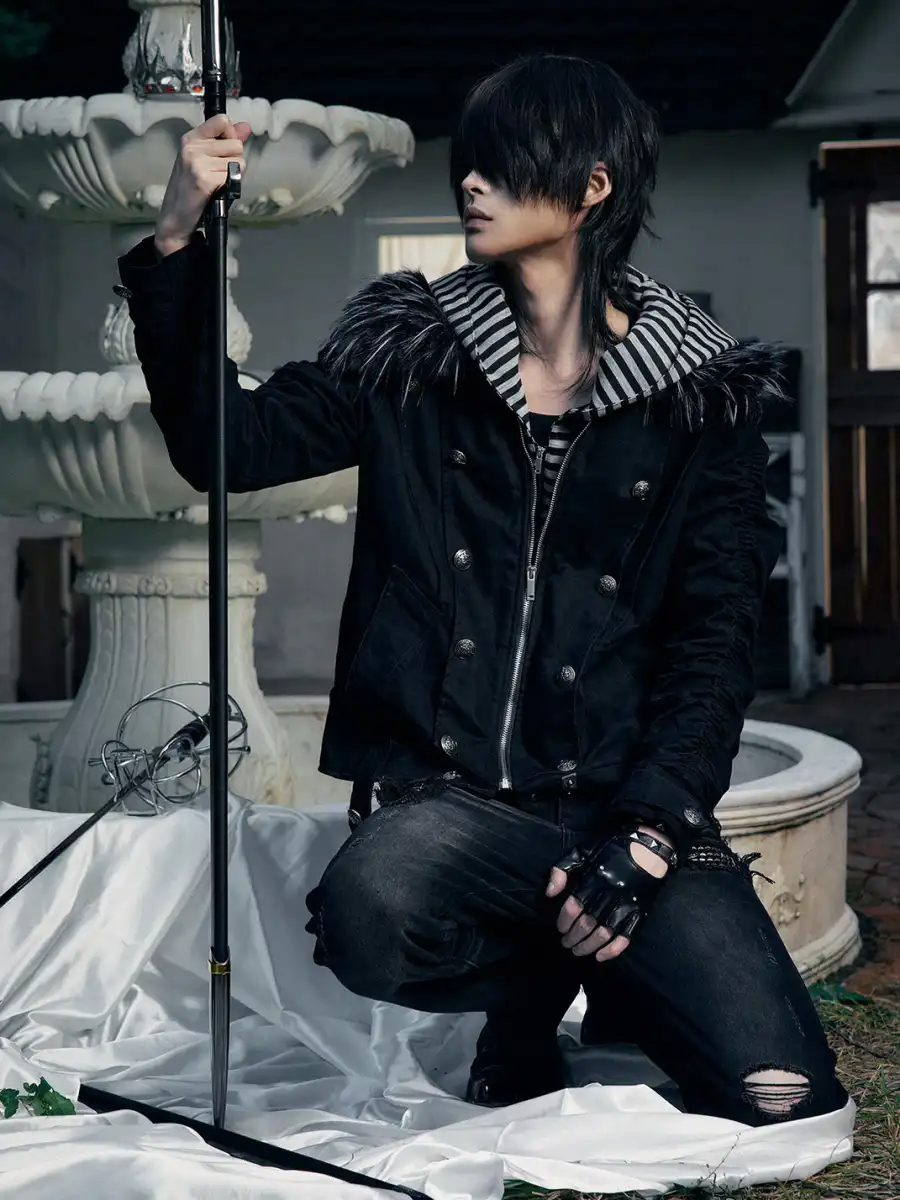 PAIKI | "Silent Shadow" Detachable Fur Collar Canvas Double-Breasted Jacket - 4