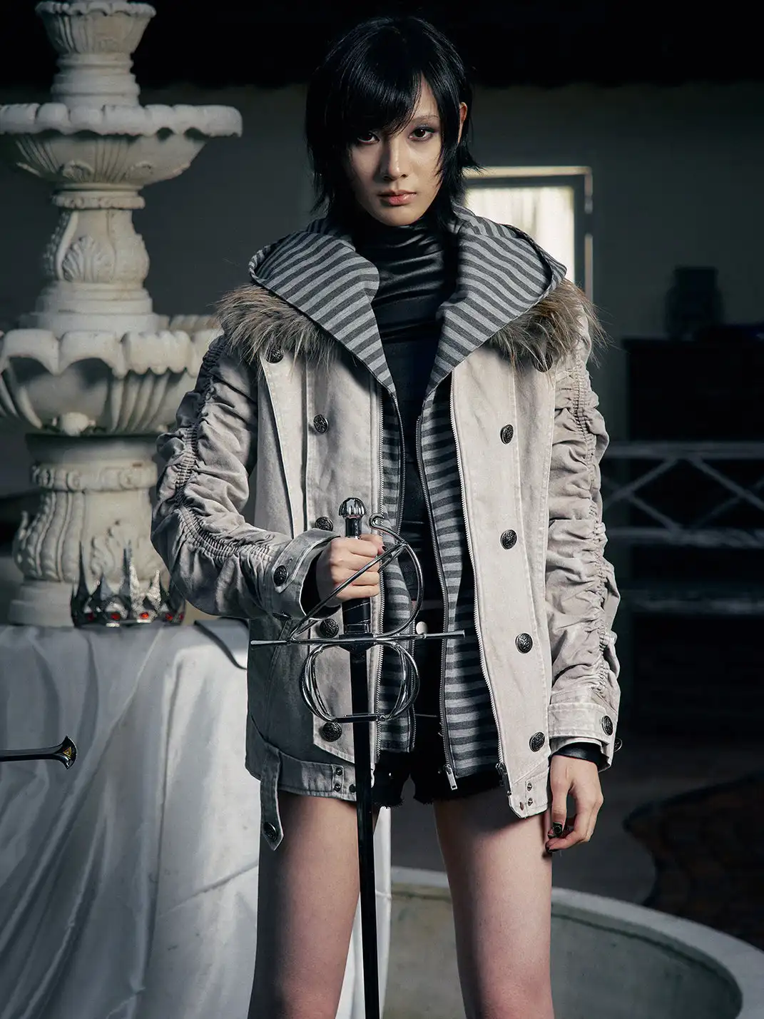 PAIKI | "Silent Shadow" Detachable Fur Collar Canvas Double-Breasted Jacket