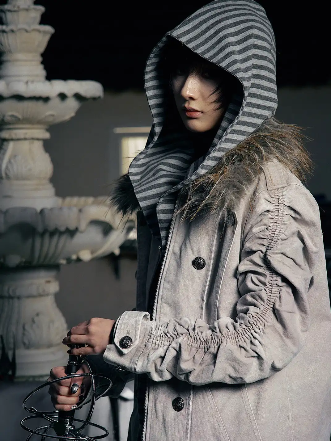 PAIKI | "Silent Shadow" Detachable Fur Collar Canvas Double-Breasted Jacket