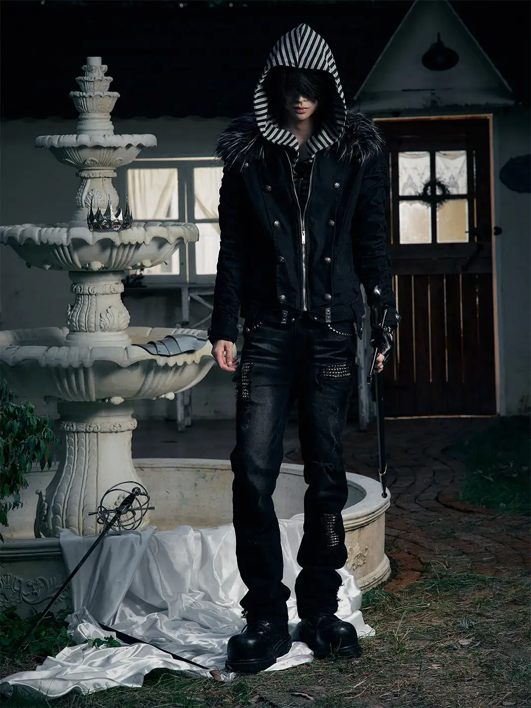 PAIKI | "Silent Shadow" Detachable Fur Collar Canvas Double-Breasted Jacket