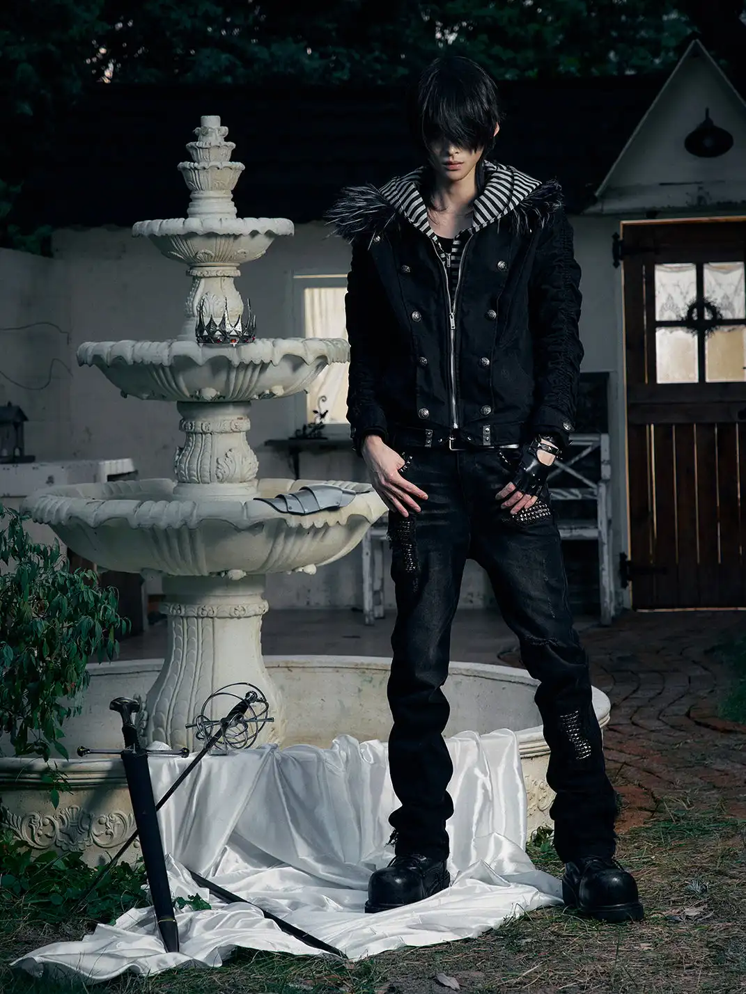 PAIKI | "Silent Shadow" Detachable Fur Collar Canvas Double-Breasted Jacket