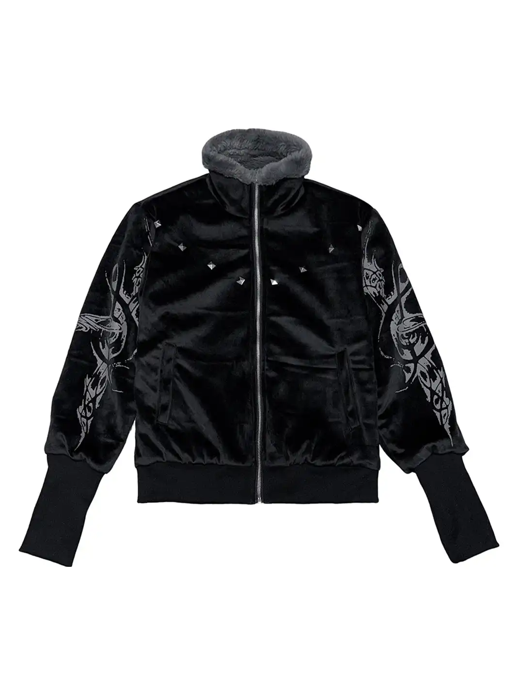 PAIKI | Tiger-Print Fur Collar Velvet Stand-Up Collar Coat