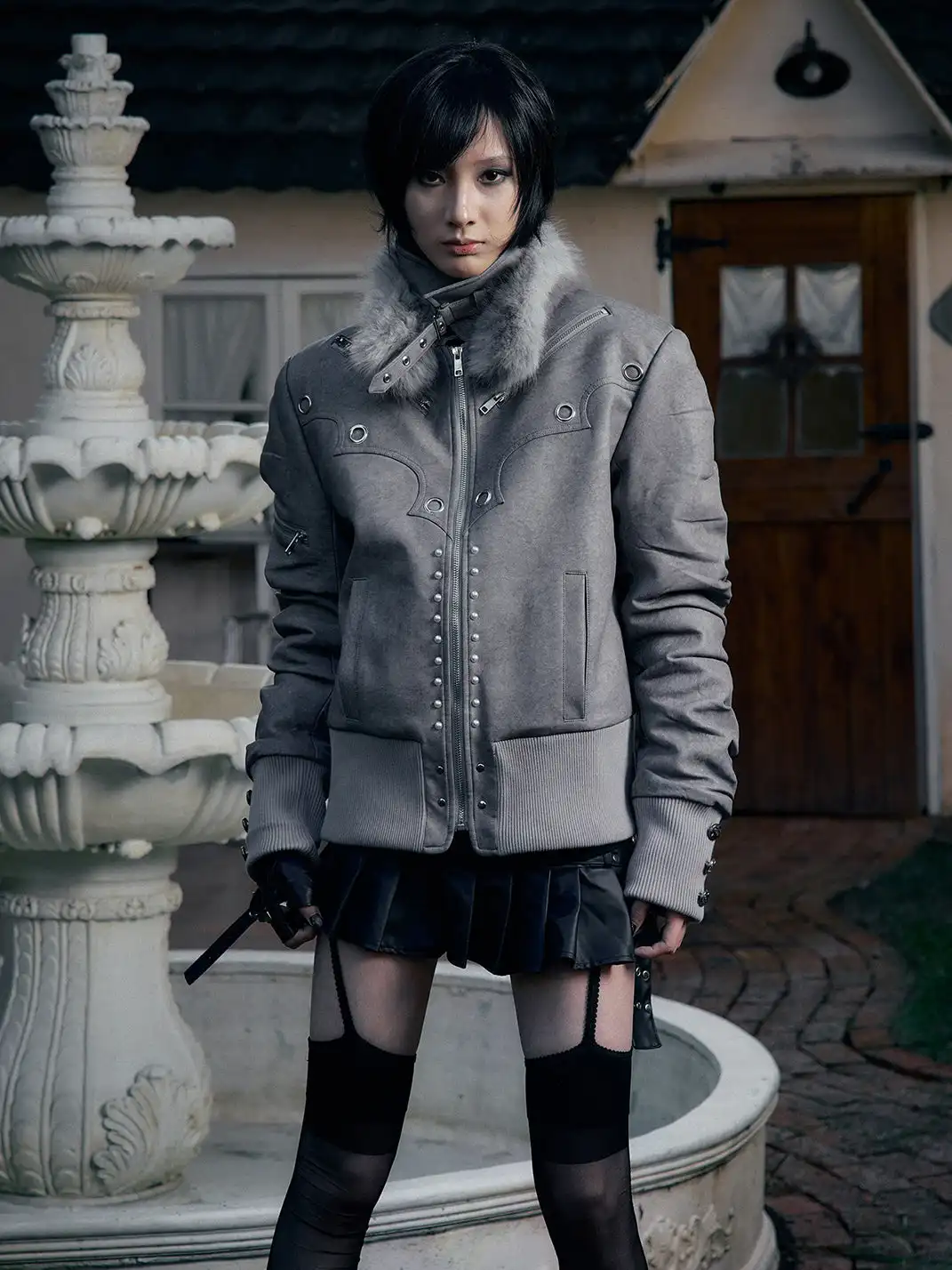 PAIKI | Pearl-Washed Leather Jacket with Fur Collar