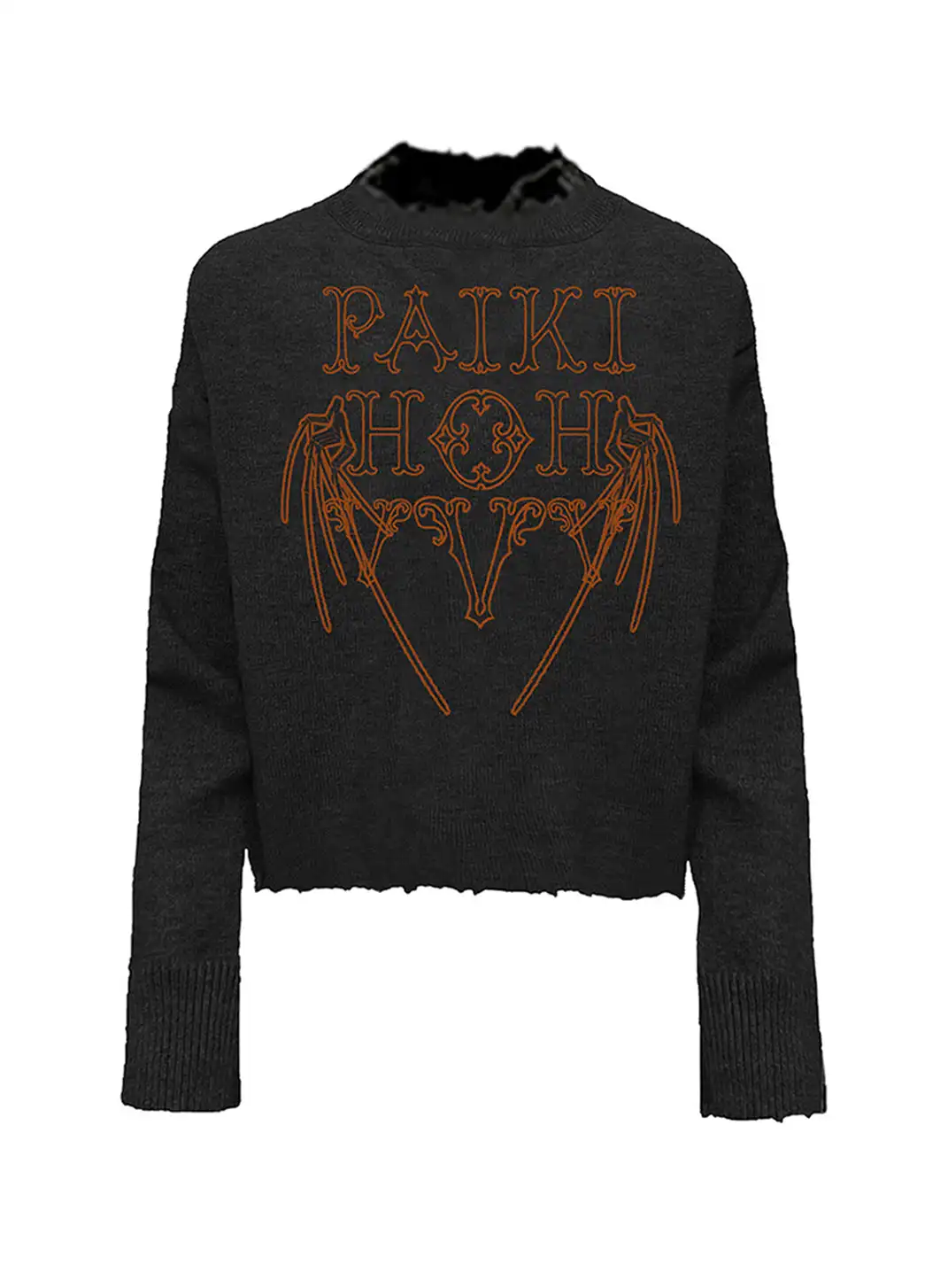PAIKI | Wing-Shaped Fiery Pattern Distressed Crew Neck Sweater