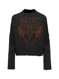 PAIKI | Wing-Shaped Fiery Pattern Distressed Crew Neck Sweater