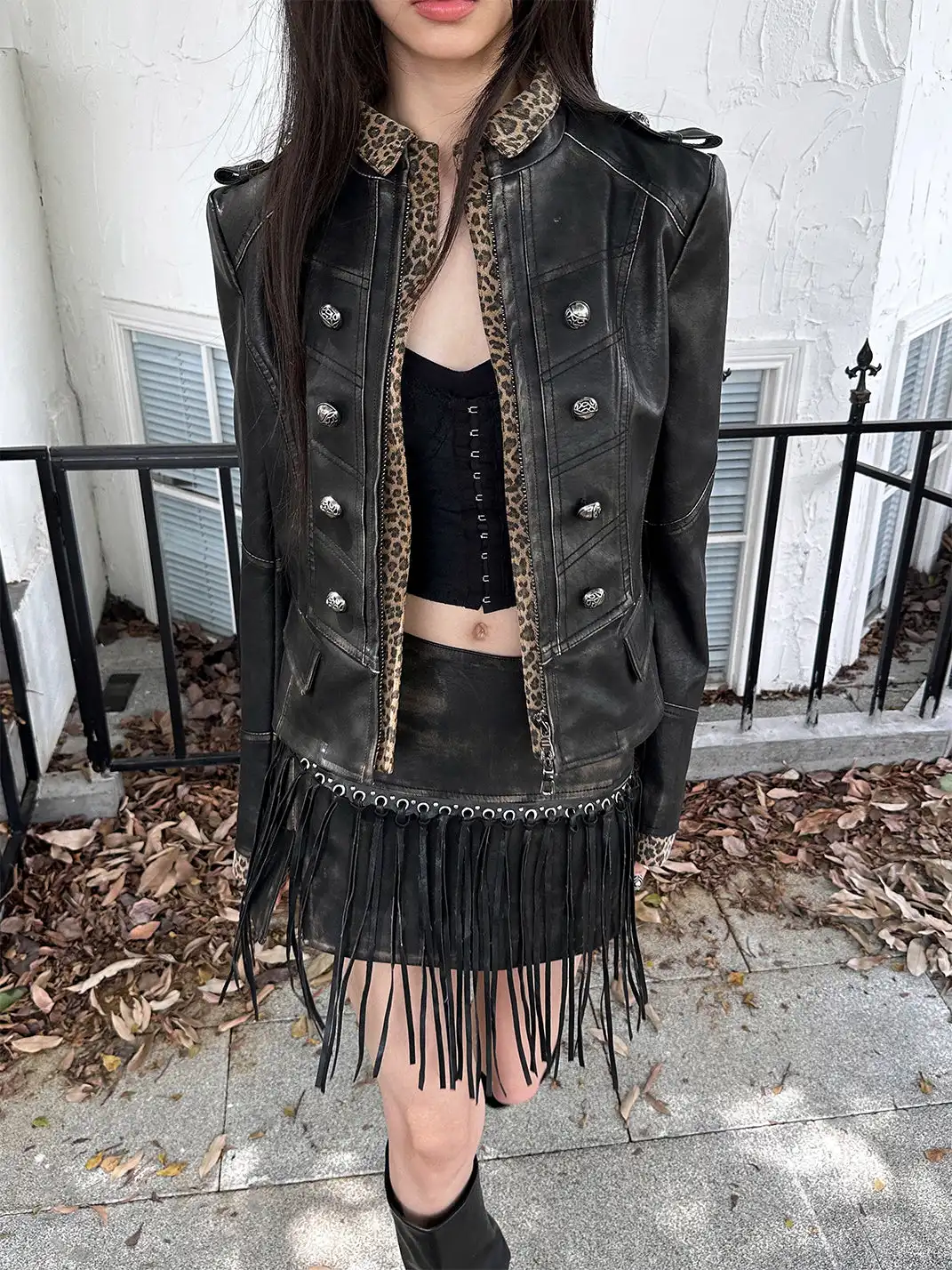 FULLTIDE | Patchwork Leopard Print Leather Jacket