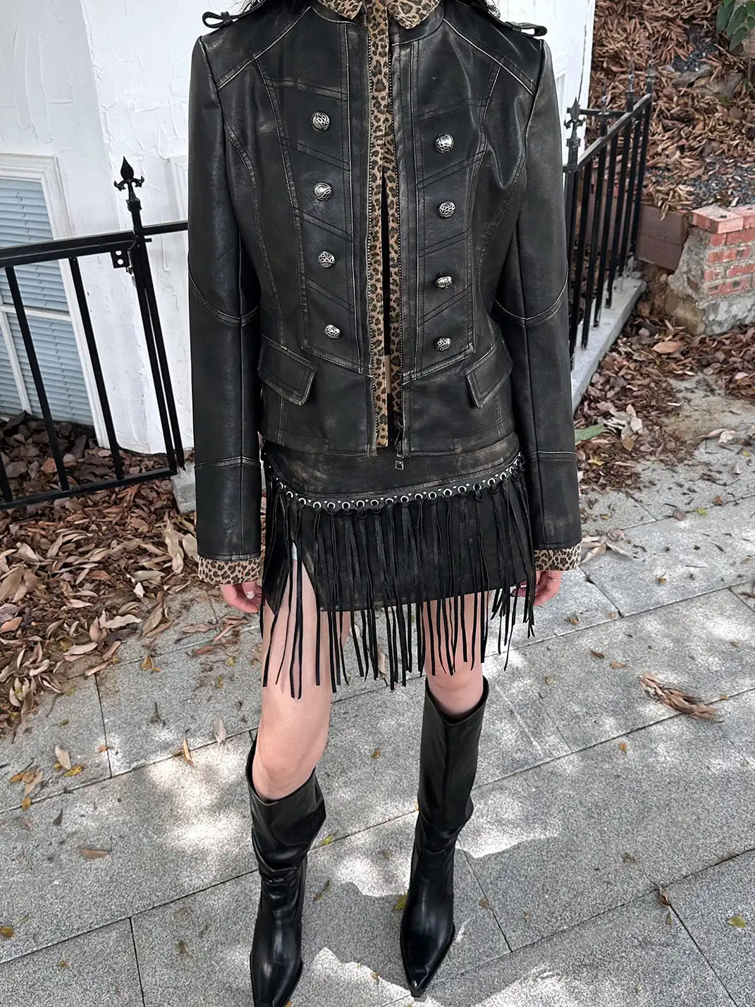 FULLTIDE | Patchwork Leopard Print Leather Jacket