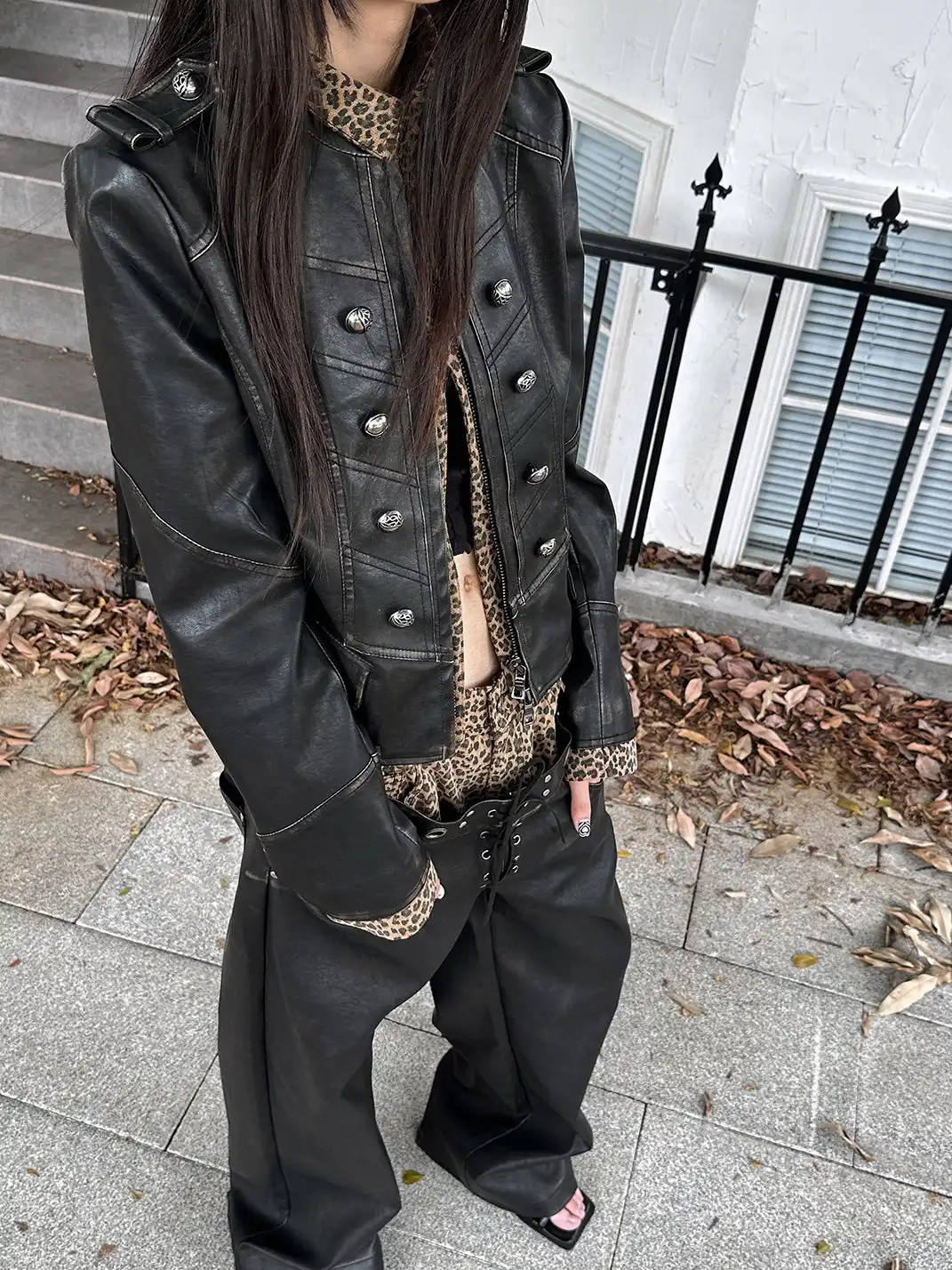 FULLTIDE | Patchwork Leopard Print Leather Jacket