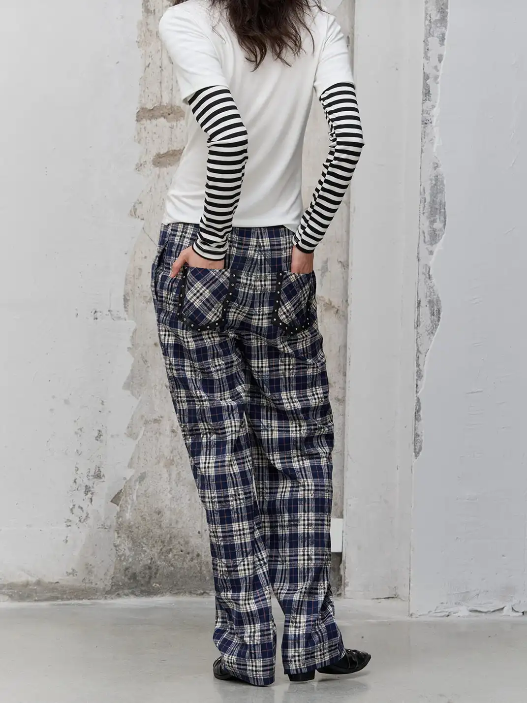 FULLTIDE | Leather Button-Up Pleated Plaid Trousers